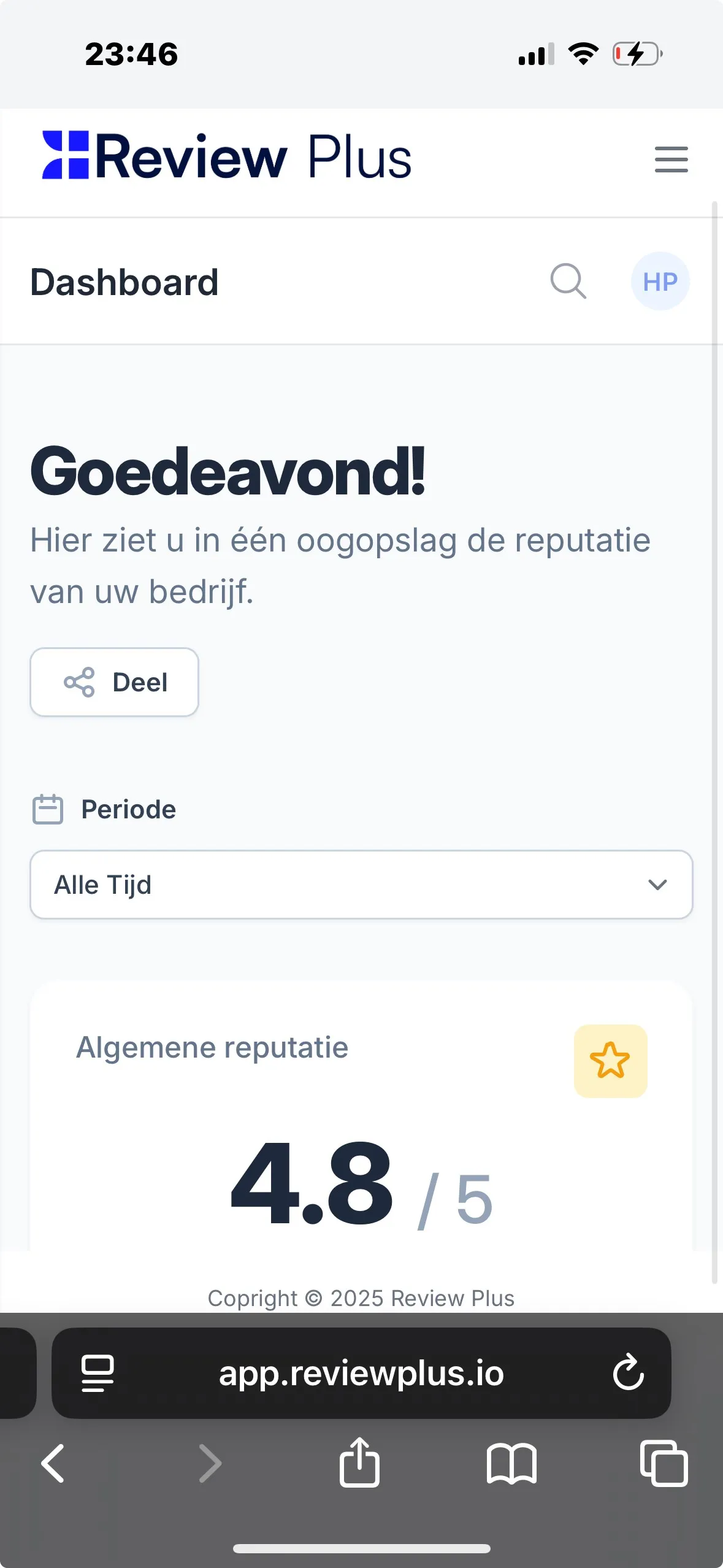 Review Plus-app: dashboard met gemiddelde score 4,8